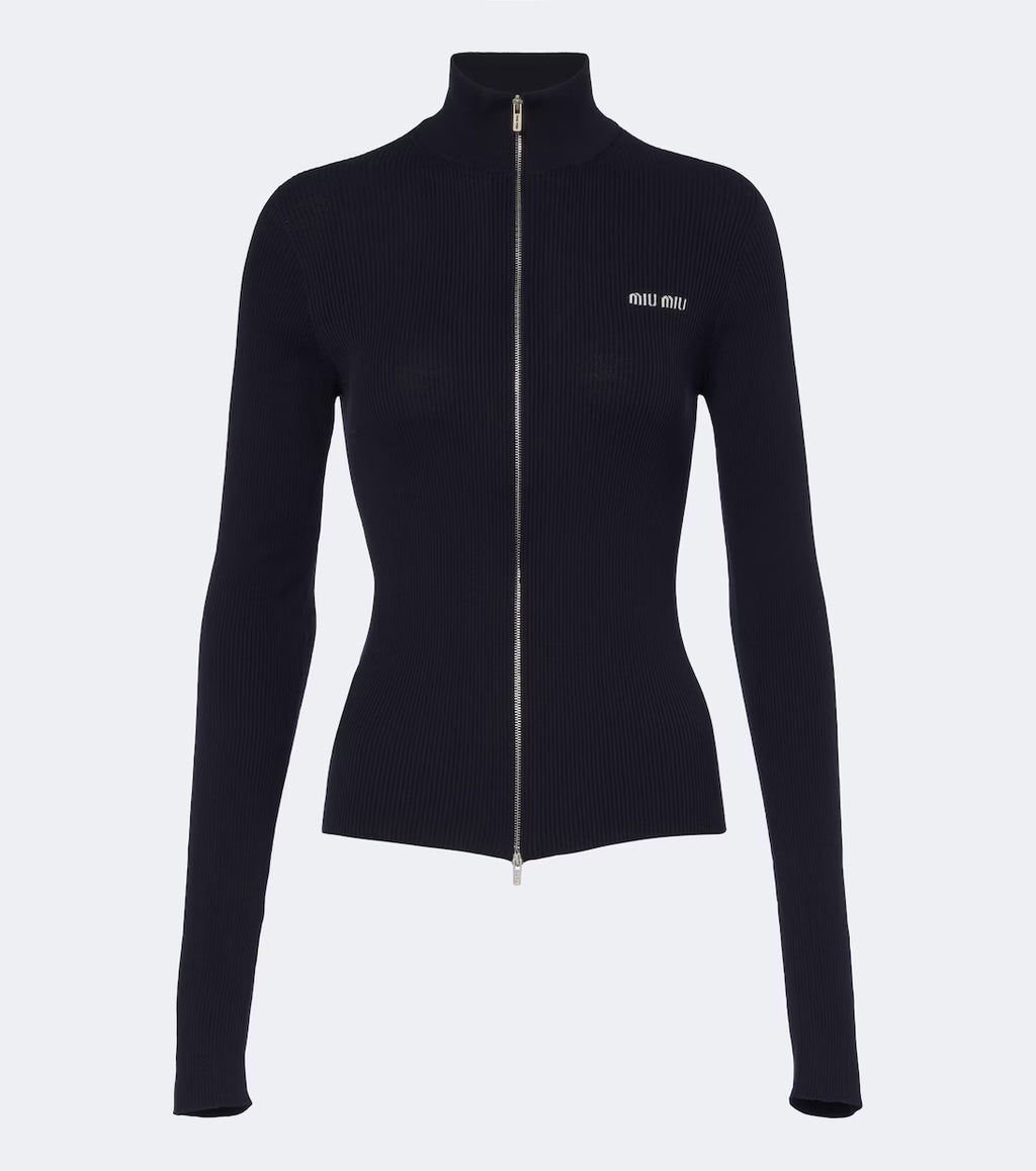 Miu Miu Logo ribbed-knit cotton zip-up sweater
